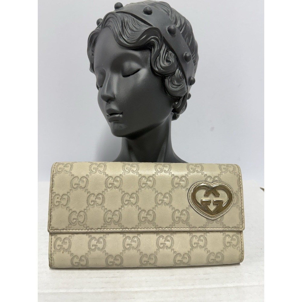 Gucci Guccissima Heart GG Continental Wallet Cream Leather Gold Logo w/ COA